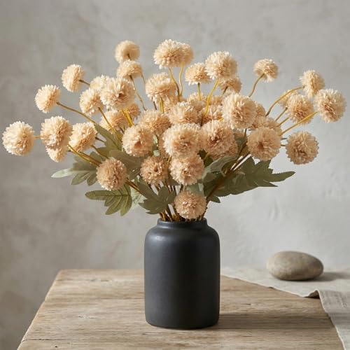 Hananona 12 Pcs Artificial Chrysanthemum Flowers, Beige Kiku Pom Pom Mums Flower Fall Faux Floral Arrangements Centerpiece for Autumn Home Kitchen Decor (12, Beige) - color: Beige