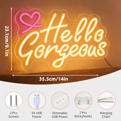 Hello Gorgeous Neon Sign for Wall Decor Pink Heart Light Up Letters Led Sign Birthday Party Signs Led Decorative Night Signs Room Decorations Christmas Party Gifts for Girls Friends Bedroom - color: DG7