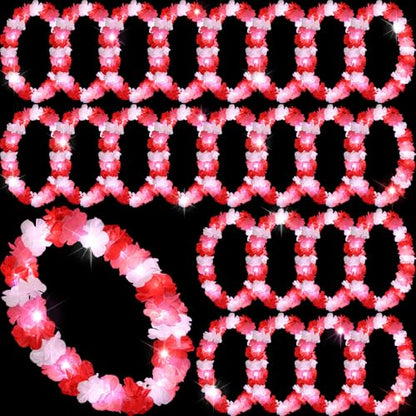 Sherr 24 Pcs LED Leis Light Up Wedding Hawaiian Leis Flower Necklace with LED Lights Beach Tropical Carnival Party Wedding Supplies Luau for Masquerade - color: Red Pink White