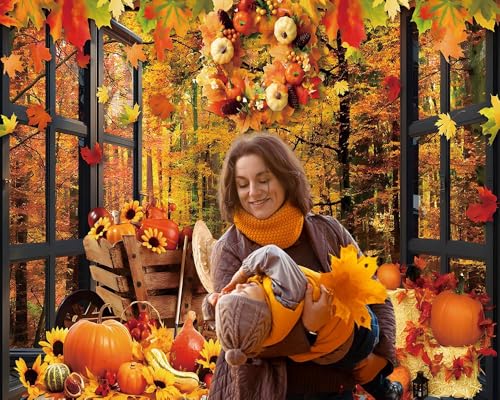 Fall Thanksgiving Backdrop for Photography 10x8ft Yellow Forest Maple Leaves Autumn Photo Backdrop Fall Baby Shower Birthday Party Decorations Studio Photo Booth Props - color: Fall Window 02