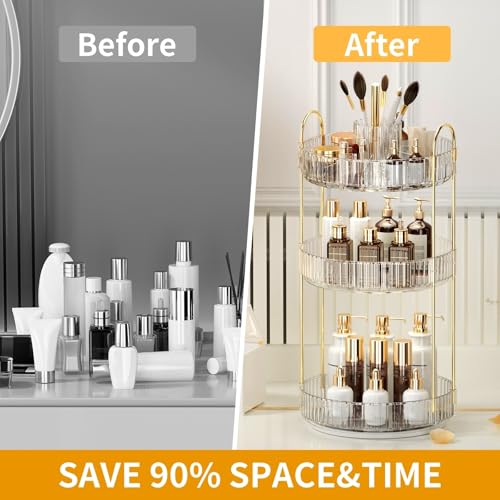 360° Rotating Makeup Organizer, Large-Capacity Skincare Make Up Storage 3 Tier Perfume Organizers Cosmetic Dresser Organizer with Makeup Brush Holder, Fits Bedroom, Bathroom, Vanity Shelf Countertop - color: Transparent, size: 3 Tier