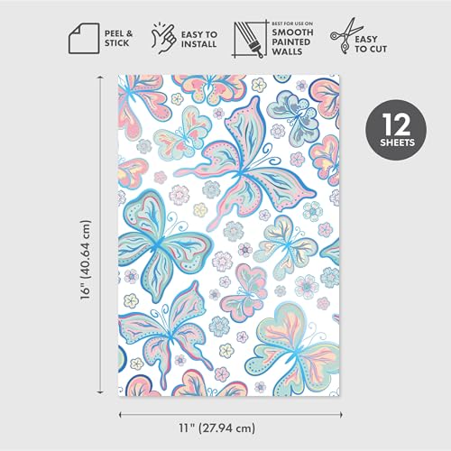 Main Street Peel and Stick Wallpaper Eco-Friendly Sheets 12 Pack, 11 X 16 Inch Bohemian Butterflies Design, Wall Mural for Home Decor, Removable Wall Decor Wallpaper Peel and Stick for DIY Projects - style: Bohemian Butterflies Design SCF