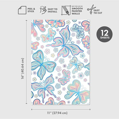 Main Street Peel and Stick Wallpaper Eco-Friendly Sheets 12 Pack, 11 X 16 Inch Bohemian Butterflies Design, Wall Mural for Home Decor, Removable Wall Decor Wallpaper Peel and Stick for DIY Projects - style: Bohemian Butterflies Design SCF