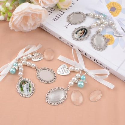 3Pcs Silver Wedding Bouquet Photo Charm,Thermal Transfer Bouquet Charm Kit for Gift Bridal Shower Graduation Memorial Photo Pin Brooch for Mother