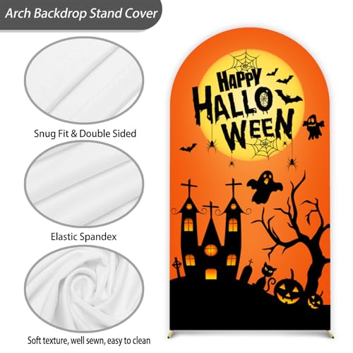 Happy Halloween Arch Backdrop Stand Cover 7.2ft Skeleton, Ghost Pumpkin Bat, Party, Spandex Arch Cover Horror Style backdrop Fabric 2-Sided With Fall Pumpkin Spooky Witch Round Top for Halloween Party - color: Halloween1, size: 7.2FT