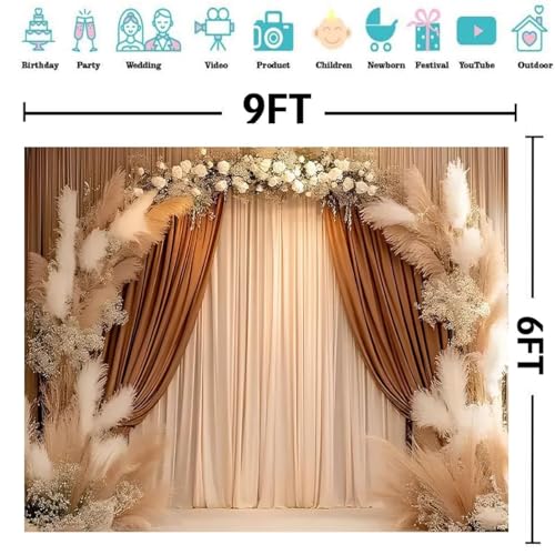 Bohemian Backdrop Beige Curtains Background Pampas Grass Floral Interior Decoration Girl Birthday Party Wedding Pregnant Portrait Photo Newborn Baby Photo Studio Props (9X6FT) - size: 9X6FT