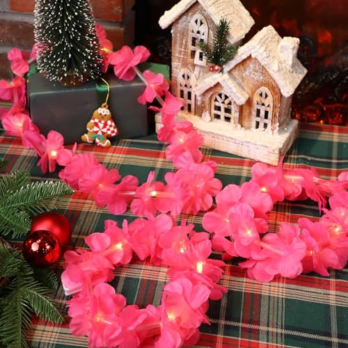 Sherr 24 Pcs LED Hot Pink Leis Light up Wedding Hawaiian Leis Flower Necklace with LED Lights Beach Tropical Carnival Party Wedding Supplies Luau for Masquerade - color: Hot Pink
