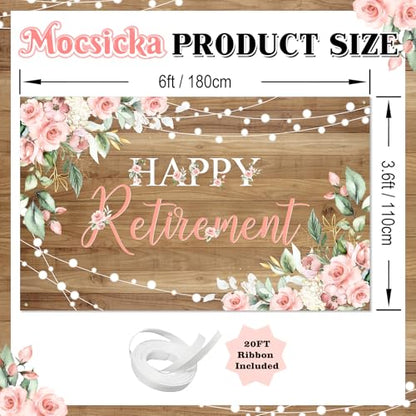 Mocsicka Rustic Retirement Backdrop Banner Women Happy Retirement Party Decorations Pink Floral Retired Party Photo Booth Props (6x3.6ft) - size: 6x3.6ft