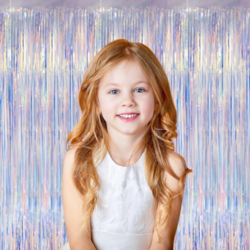 Voircoloria 2 Pack Iridescent Foil Fringe Curtains, Holographic Tinsel Streamers Birthday Party Decorations, Fringe Backdrop for Kids Birthday, Baby Shower, Anniversary, Engagement Themes Party - color: 39 Iridescent Pink