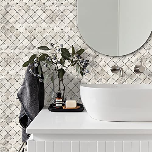 STICKGOO Arabesque Peel and Stick Backsplash Tile, Stick on Backsplash for Kitchen and Bathroom, Beige Marble Look PVC Mixed Metal Aluminum Mosaic Tiles (10 Sheets) - color: Beige