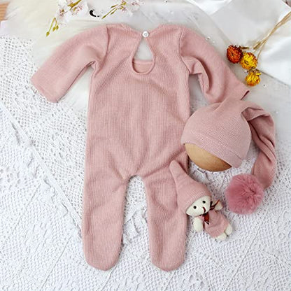 Newborn Baby Photo Shoot Props Girl Boy Crochet Knit Hat Costume Stripe Hat Pants Overalls Photography Props - color: Pink