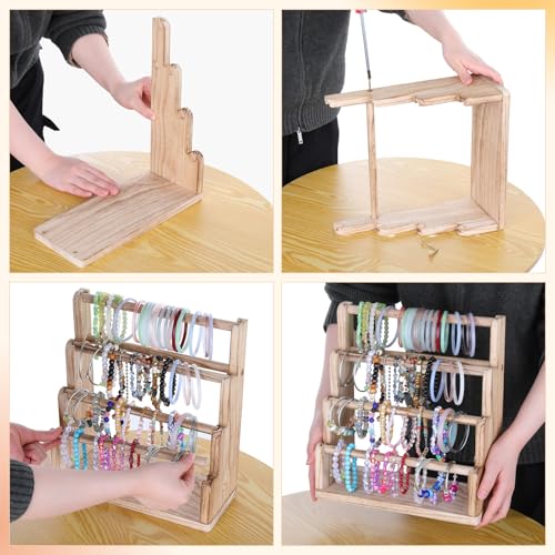 Wooden Bracelet Holder, 4 Tier Bracelet Organizer Storage, Rustic Wood Jewelry Organizer Display Bracelet-Holder for Home, Vendors, Craft Shows and Store, Rustic Brown