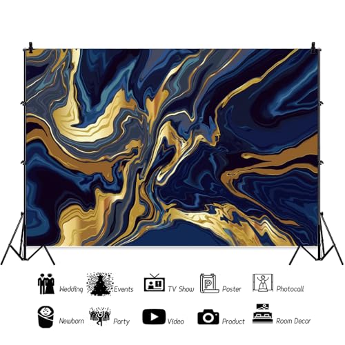 12x8ft Polyester Marble Backdrops Blue Golden Marble Backdrop Abstract Art Aesthetics Texture Marble Photography Background Modern Gradient Bday Wedding Party Banner Blogger Pictures Props - size: 12X8FT