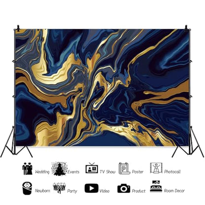 12x8ft Polyester Marble Backdrops Blue Golden Marble Backdrop Abstract Art Aesthetics Texture Marble Photography Background Modern Gradient Bday Wedding Party Banner Blogger Pictures Props - size: 12X8FT