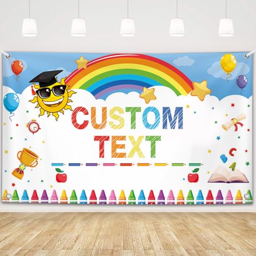 MEHOFOND 6x3.6ft Customize Bright Future Kindergarten Graduation Backdrop Rainbow Kids Graduation Party Decor Preschool Classroom Graduate Photo Booth Background - color: Blue-Custom, size: 6x3.6ft