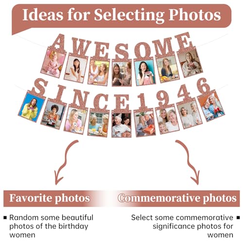 Pre-strung Awesome Since 1946 Photo Banner Birthday Decorations for Women- Pink Rose Gold Glitter 80th Birthday and Anniversary Decorations Party Supplies - style: Pink Rose Gold 80th