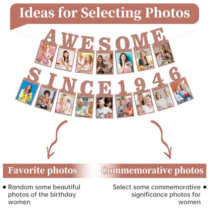 Pre-strung Awesome Since 1946 Photo Banner Birthday Decorations for Women- Pink Rose Gold Glitter 80th Birthday and Anniversary Decorations Party Supplies - style: Pink Rose Gold 80th