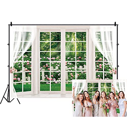 Renaiss 6x4ft Window Scenery Backdrop Polyester Green Forest Garden Floral Blossom Sunshine White Windowsill Natural Scene Photography Background Newborn Baby Wedding Decor Photo Booth Props - color: WSNWH17934, size: 6x4ft