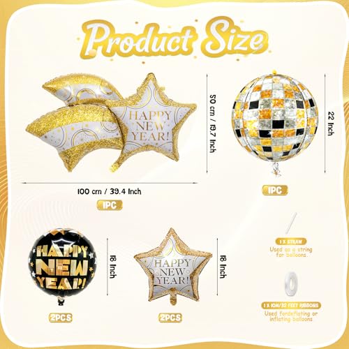 Biapian New Year Eve Balloons, 6 Pcs Huge Black and Gold Happy New Years Foil Balloons with 22 Inch Shiny Disco Ball NYE Balloon 18 Inch Round Star Balloon for 2026 New Year Party Decorations Supplies - style: New Year