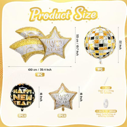 Biapian New Year Eve Balloons, 6 Pcs Huge Black and Gold Happy New Years Foil Balloons with 22 Inch Shiny Disco Ball NYE Balloon 18 Inch Round Star Balloon for 2026 New Year Party Decorations Supplies - style: New Year