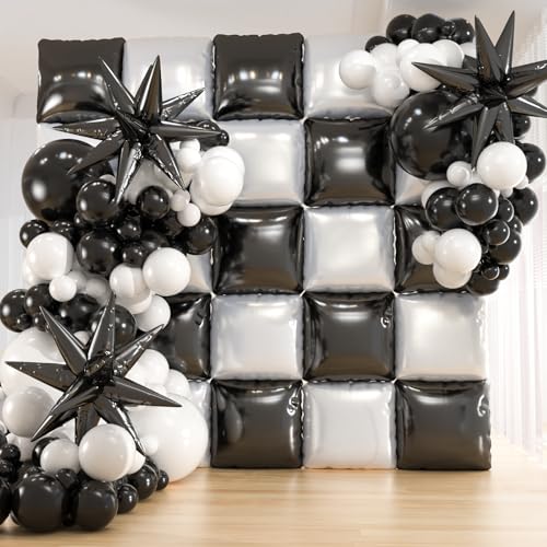 25pcs Black and White Double sided Foil Square Balloon Backdrop Wall with 139pcs White Black Star Balloons Arch Balloon Tunnel for Checkered Racing Car Birthday New Year Party Decoration - color: Black White