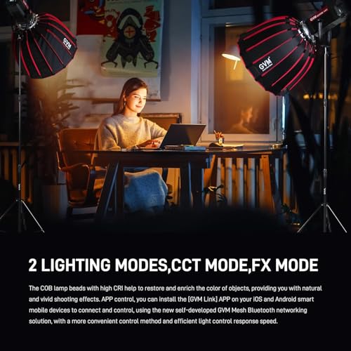 GVM Photography Lighting 300W Bi-Color Studio Lights with 45°Standard Reflector 454900Lux@1m Video Light 12Lighting Scenes App Control LED Video Light for Outdoor Shoot YouTube Videos - color: photography lighting