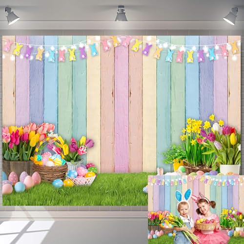 Easter Colorful Wood Backdrop Spring Flowers Green Lawn Natural Scenery Photography Background Easter Party Decorations for Kids Birthday Baby Shower Photo Studio Props(7x5FT（210x150cm）)