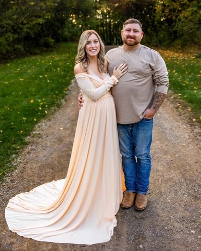 Saslax Maternity Off Shoulders Half Circle Gown for Baby Shower Photo Props Dress - color: Champagne, size: XX-Large