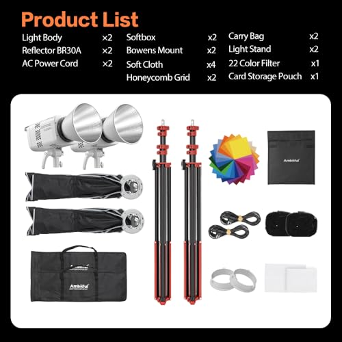 GODOX Light Kit, LE200Bi Continuous Output Lighting, Godox Lighting Kit with Quick Release Softbox, 280cm/ 9.18 FT Stand, 2800K-6500K, CRI 98+, Bluetooth/DMX Control for Studio, Filmmaking - size: White-2pcs Kit