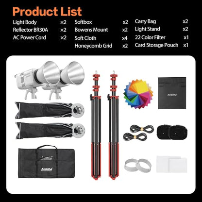 GODOX Light Kit, LE200Bi Continuous Output Lighting, Godox Lighting Kit with Quick Release Softbox, 280cm/ 9.18 FT Stand, 2800K-6500K, CRI 98+, Bluetooth/DMX Control for Studio, Filmmaking - size: White-2pcs Kit