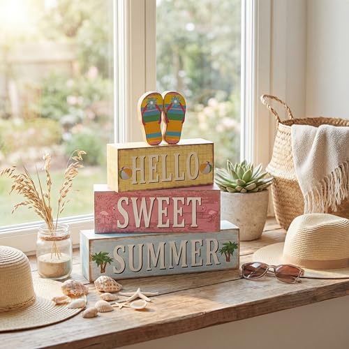 Geelin 4 Pcs Summer Decorations Wooden Sign Hello Summer Flip Flop Table Centerpiece Tiered Tray Decor Beach Farmhouse Blocks Table Top Sign for Home - style: Summer