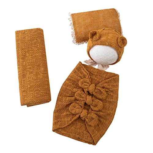 Newborn Baby Boy Girl Photography Props Bow Wrap, Posing Aid, Hat and Blanket Set of 4 Pcs - color: Dark Yellow