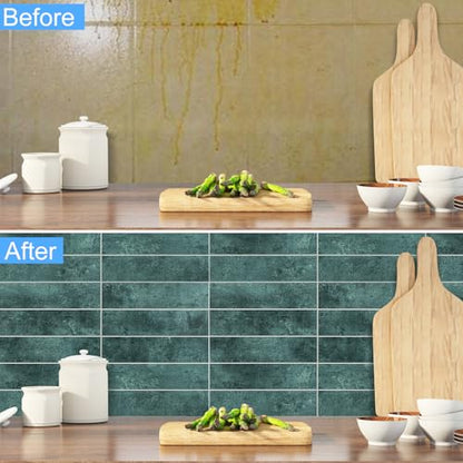 24-Pieces Peel and Stick Tiles for Kitchen Backsplash, New Upgrade Design 12" x 3"SPC Subway Backsplash Tiles, Marble Green Premium Finger Tiles（Green）. - color: Green, size: 10 Sheet
