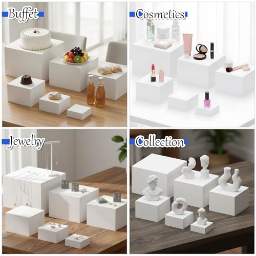 6 Pcs Buffet Risers, Food Risers for Buffet Table, White Acrylic Cube Boxes Display with Hollow Bottoms Display Stand Shelf for Party Cake Dessert Catering Jewelry Collectibles (3"4"5"6"7"8'')