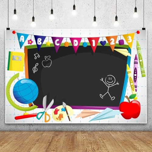 Leyiyi 9x6ft Vinyl Photography Background Welcome to Kindergarten Backdrop Cartoon ABC Letters Black Blackboard Watercolor Pen Paper Airplane Globe Back to School Themed Party Backdrops Banner - color: Black, size: 9x6ft-Vinyl