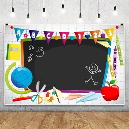 Leyiyi 9x6ft Vinyl Photography Background Welcome to Kindergarten Backdrop Cartoon ABC Letters Black Blackboard Watercolor Pen Paper Airplane Globe Back to School Themed Party Backdrops Banner - color: Black, size: 9x6ft-Vinyl