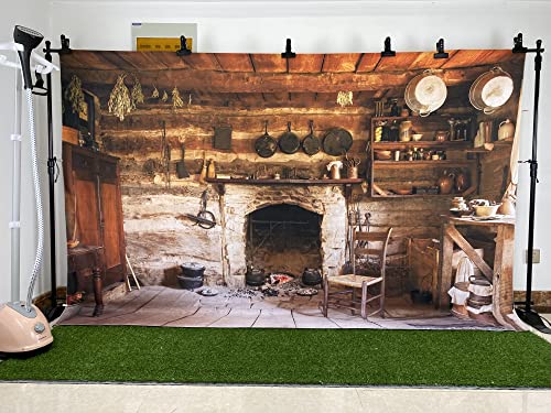 BELECO Rustic Kitchen Backdrop 10x6.5ft Fabric Western Old Wooden House Kitchen Interior Background Rural Farmhouse Fireplace Cooking Utensils Cooking Background Farmers Cowboys Portrait Photo Props - size: 10x6.5FT