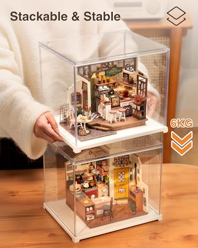ROBOTIME Clear Acrylic Display Case Dustproof Box Stand with White Base, Dust Cover Display Case for Assemble Countertop Cube Organizer Stand Storage Boxes（11.3x9.3x9.6inch）