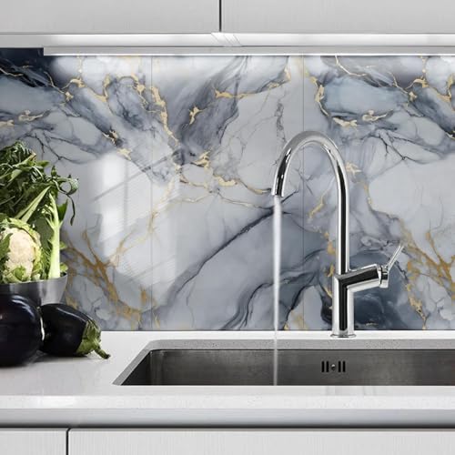 22pcs Marble Peel and Stick Waterproof Wall Panels,Heat-Resistant Backsplash Tile, 23.6"x11.8" PVC Foam Wall Sticker for Kitchen,Living Rooms,TV Walls,Blue and Gold(Not Real Tile 42.6Sq. Ft.) - color: Blue Marble Tiles, size: 23.6" x 11.8" x 2.5MM x 22Pac