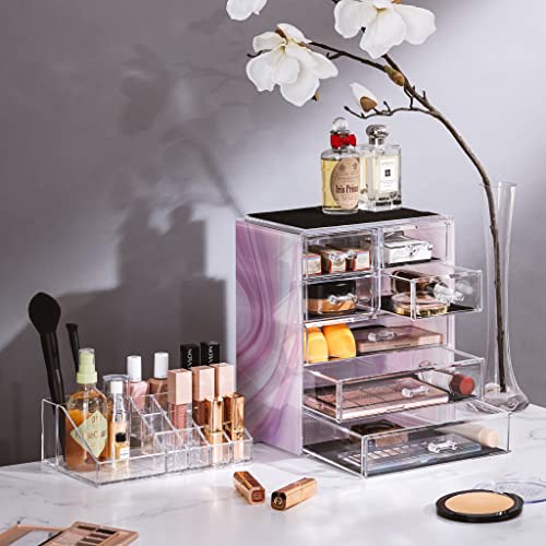 Sorbus Acrylic Makeup Organizer Set, 7-Drawer Vanity & Countertop Cosmetic Storage with Small & Wide Compartments, Tie Dye Makeup Storage for Brushes, Jewelry – Holiday Gift for Women & Teens - color: Tie Dye, size: 3 Large, 4 Small Drawers