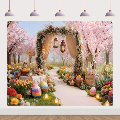 Spring Easter Backdrop 10x8ft Garden Flowers Rabbit Colorful Eggs Background Bunny Floral Cherry Blossom Banner Kids Party Decorations Photo Booth Fabric - color: Easter-2, size: 10x8ft