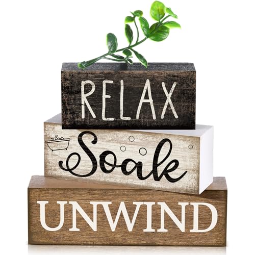 Moucuny 4 Pcs Bathroom Shelf Decor Sign Farmhouse Bathroom Decor and Accessories Rustic Eucalyptus Leaves Wood Block Sign Gift Relax Soak Unwind Farmhouse Table Centerpiece for Home Toilet - style: Bathroom Leaves