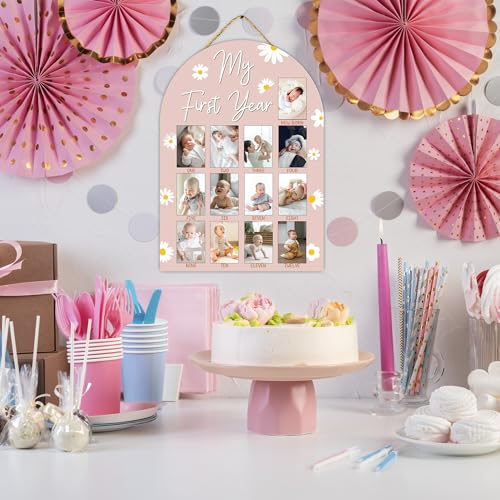 Daisy My First Year Photo Board Frame, 12 Monthly Baby Milestone Wooden Sign, Gender Neutral Nursery Decor for Girl Boy, Baby Keepsake Gifts for 1st Daisy Birthday Decorations-A13 - color: Daisy 5