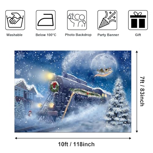 Avezano 10 x 7 ft Christmas Train Backdrop Snow Night Christmas Themed Party Backdrop Moon Santa Claus Railway Photography Background Xmas Day Party Banner Decorations - size: 10x7ft, 118x82inch