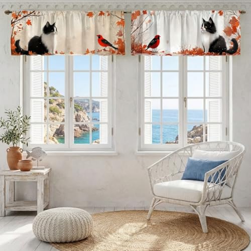 Cat Curtains, Two-Pack, Autumn Cozy Winter Forest Snow, Suitable for Kitchen, Bathroom, Bedroom, 54x18 inches. - color: Cat