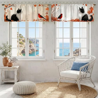 Cat Curtains, Two-Pack, Autumn Cozy Winter Forest Snow, Suitable for Kitchen, Bathroom, Bedroom, 54x18 inches. - color: Cat