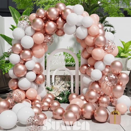 SUWEN 60PCS Metallic Rose Gold Confetti Balloons Set Latex Helium Chrome Rose Gold Balloon for Birthday Wedding Bridal Shower Anniversary Party Decorations - color: Rose Gold