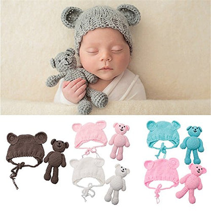 ECYC Newborn Baby Bear Hat Beanie with Bear Dolls Photography Accessories,White - color: White