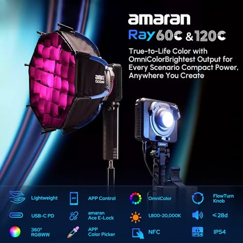 Amaran Ray 120c RGB Video Light,120w Portable Studio Photography Light CCT 1,800K-20,000K with Softbox Portable Bag for YouTube,TikTok,Live Streaming,Weddings,Vlog