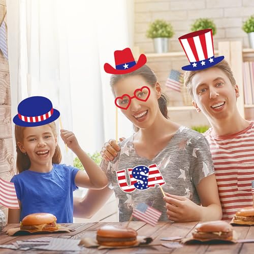 30 Pcs 4th of July Photo Booth Selfie Props Kit for Independence Day Party Game Decorations, American Patriotic Theme Labor Parade DIY Decors Supplies Flag Uncle Sam Hat Lip Style for People Photo